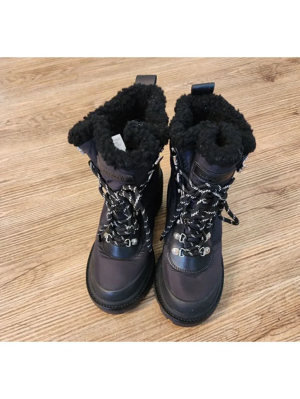 Size 5. Tory Burch Black Quilted Lace-Up Winter Boots with Shearling Lining,